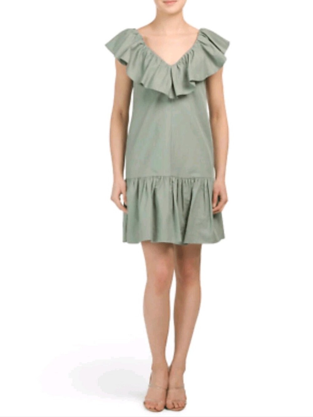 Rebecca Taylor Ruffle V-Neck Sleeveless Lenin Blend Dress in Sage Green_2